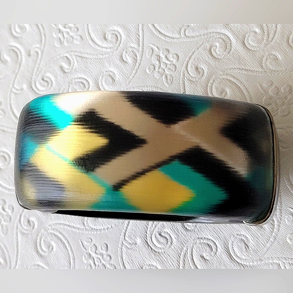 Alexis Bittar GEOMETRIC PRINT LUCITE Bangle Bracelet YELLOW AQUA BLUE BL…